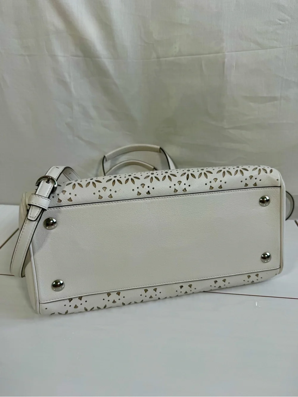 Coach White Laser-Cut Floral Satchel with Silver Hardware